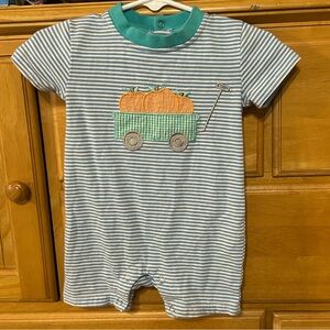 Trotter Street Blue & White Striped Romper w/Wagon & Pumpkin Appliqué 3 Months